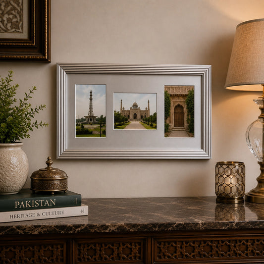 Silver 3 photo collage frame with landmark pictures above console table