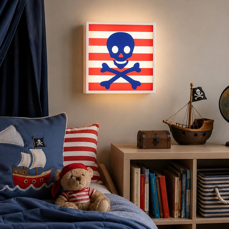 Skull decorative light box above kids bed with pirate theme decor