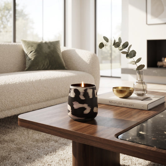 Small black and cream patterned candle holder styled on a wooden coffee table