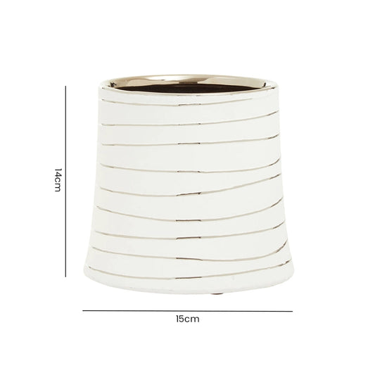Dimension guide for a small white ribbed ceramic planter showing 14cm height and 15cm width measurements