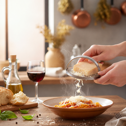 Stainless steel round cheese grater used for grating cheese over pasta