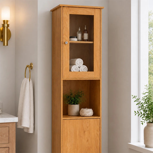 Slim tall storage cabinet with open shelves and lower cupboard