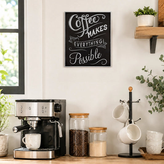 Wooden coffee quote wall plaque with “Coffee Makes Everything Possible” lettering above a coffee station