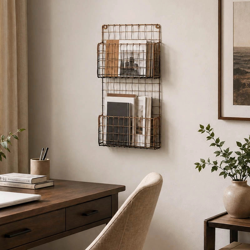 Black wire wall magazine rack with wooden shelves above office desk