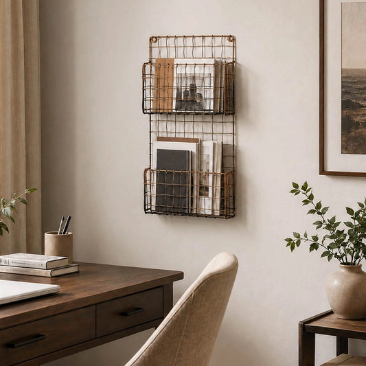 Black wire wall magazine rack with wooden shelves above office desk