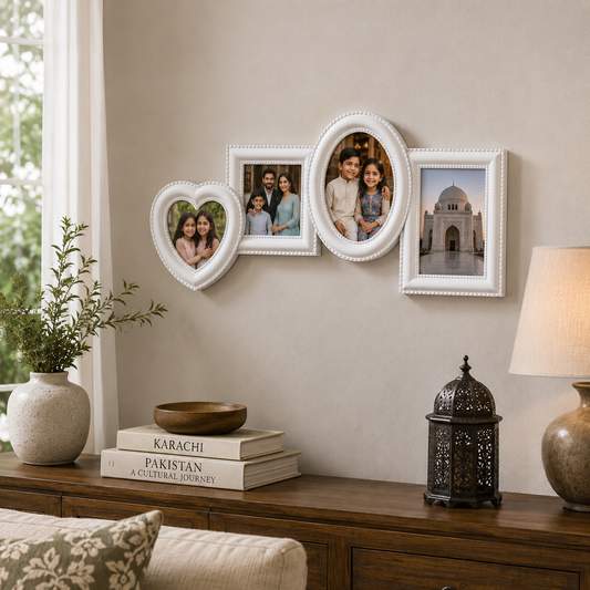 White 4 photo collage frame with heart and oval picture slots on wall