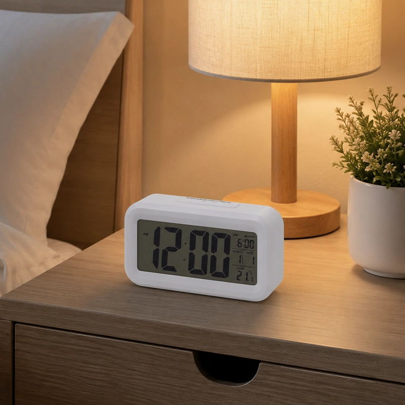 White digital alarm clock on dark bedside table with table lamp