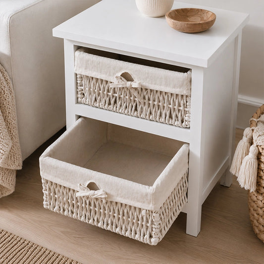 White 2-basket storage unit with one maize basket drawer open