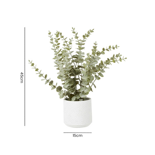Size reference for an artificial eucalyptus plant in a white pot with height and pot width labelled
