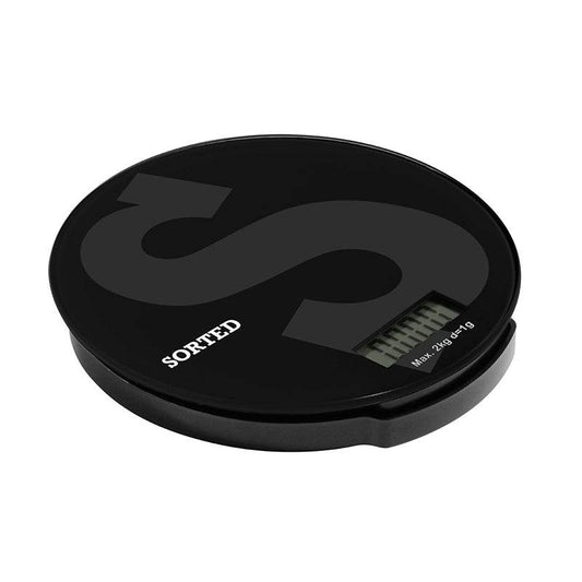Black digital kitchen scale with round design on white background