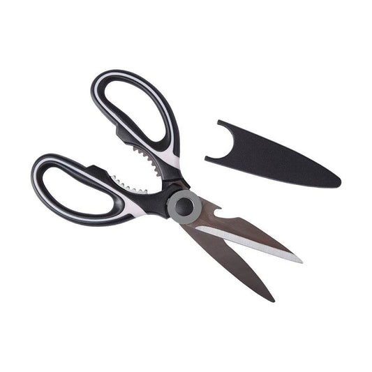Kitchen scissors with black and light pink handles, stainless steel blades, bottle opener and black blade cover