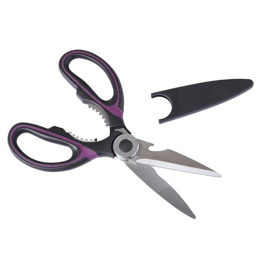Kitchen scissors with black and purple handles, stainless steel blades, bottle opener and black blade cover