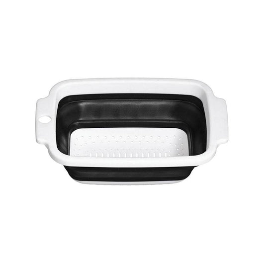 Black and white collapsible colander with side handles on a white background.