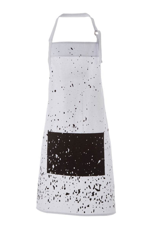 White cotton kitchen apron with black speckle splatter print pattern and large solid black front pocket on a white background