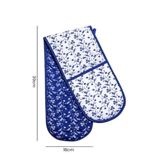 Blue and white floral double oven gloves shown with size dimensions on a white background