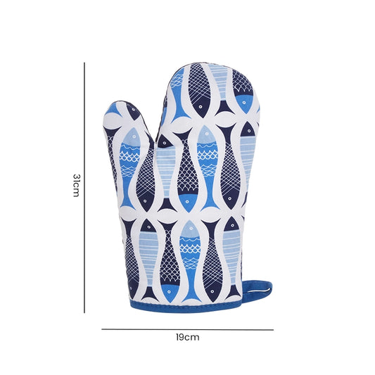 Blue cotton single oven glove with fish print design laid flat on white background with size dimensions