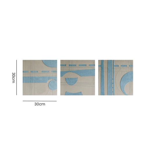 Blue and cream abstract wall art set showing individual panel dimensions of 30cm by 30cm