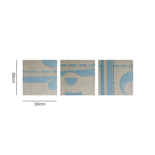 Blue geometric wall art set showing three square panels with 30cm by 30cm dimensions