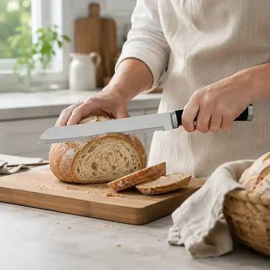 Bread knife with black handle cutting a sourdough loaf on a wooden board in a bright kitchen