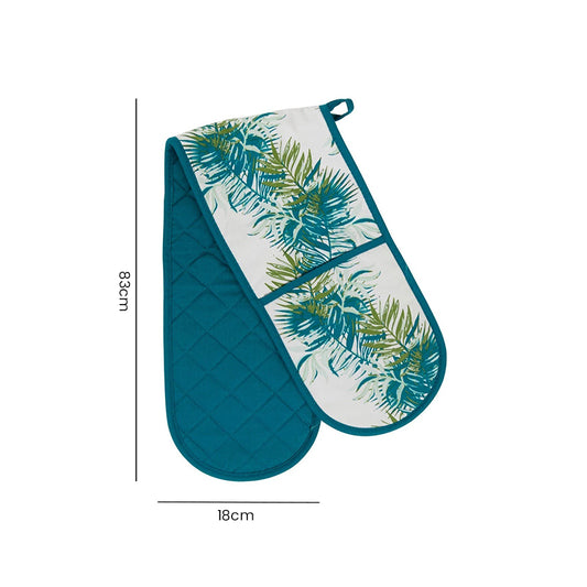 Teal tropical leaf print cotton double oven gloves, size guide showing 18cm width and 83cm full length