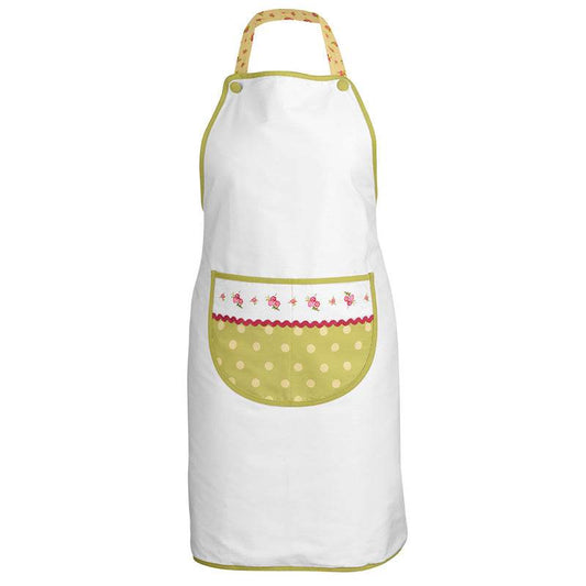 cotton kitchen apron full product view showing white body, green polka dot pocket with floral trim detail and green neck strap