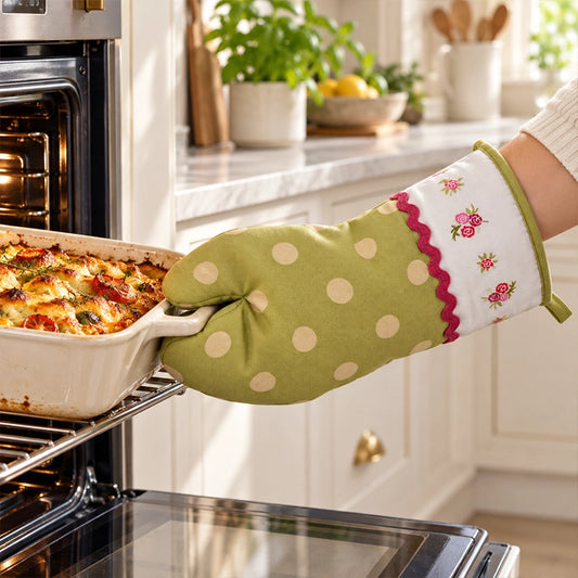 Green polka dot cotton single oven glove with pink floral trim, pulling a baking dish from the oven