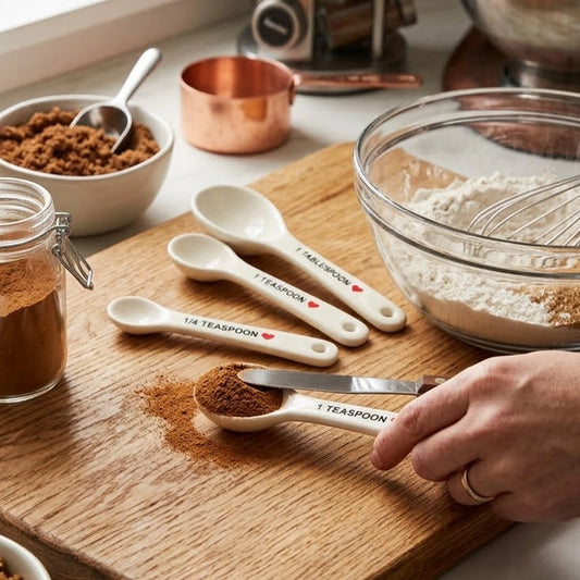 Cream kitchen measuring spoons set of 4 scooping spice on a wooden cutting board