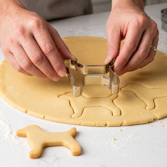 Hands using a metal dog cookie cutter on rolled dough with cut dog shaped cookies