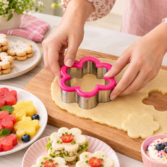 Stainless steel flower cookie cutter with pink grip cutting a flower shape from rolled dough