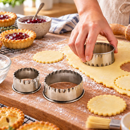Set of 3 stainless steel fluted round cutters with scalloped edges cutting pastry dough