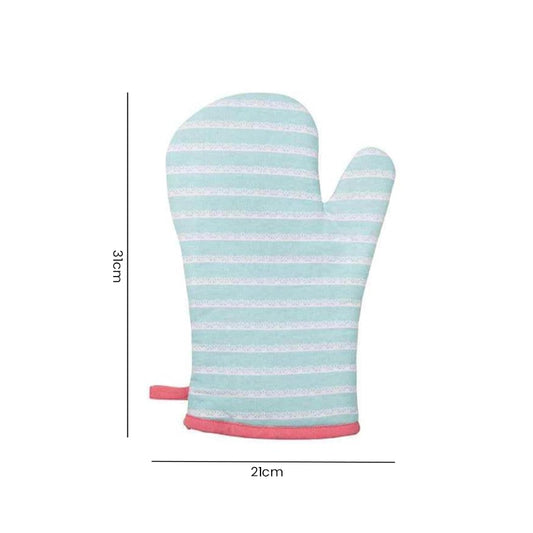 Mint green striped single oven glove with pink trim displayed against a white background showing product dimensions