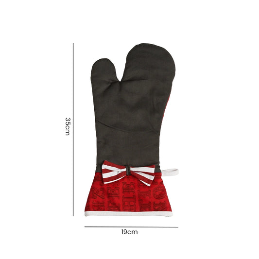 Red heat-resistant single oven mitt with bow detail shown flat on white background with size chart