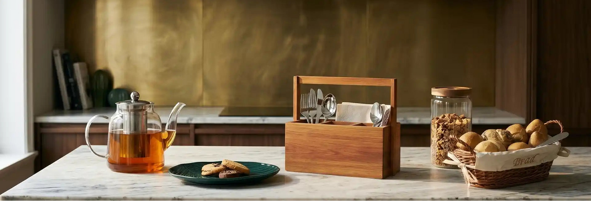 Kitchen accessories with glass teapot, wooden cutlery holder, storage jar and bread basket on a marble worktop
