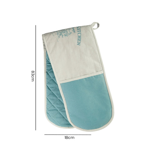 Teal and cream quilted double oven mitt flat lay on white background with size dimensions