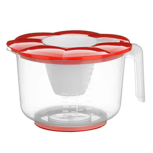 Measuring bowl with cup set featuring red flower-shaped lid on white background
