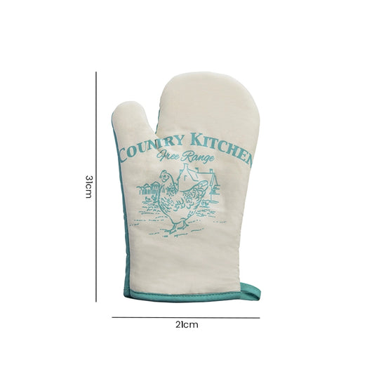 Country Kitchen cream single oven mitt with teal print shown flat on white background with size dimensions
