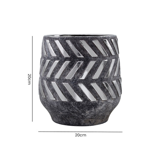 Dimensions of a large black ceramic planter with chevron detailing showing height and width measurements