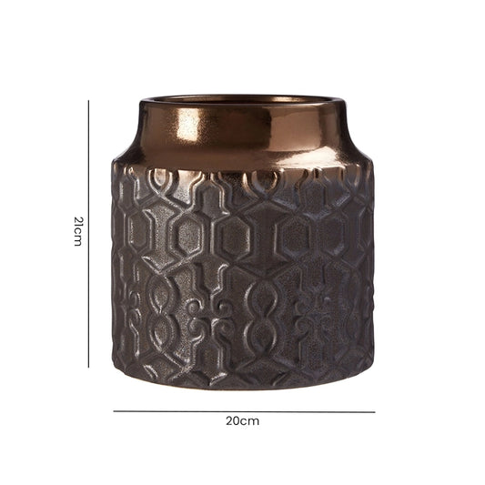 Size guide for a large dark brown ceramic flower pot with width and height dimensions labelled