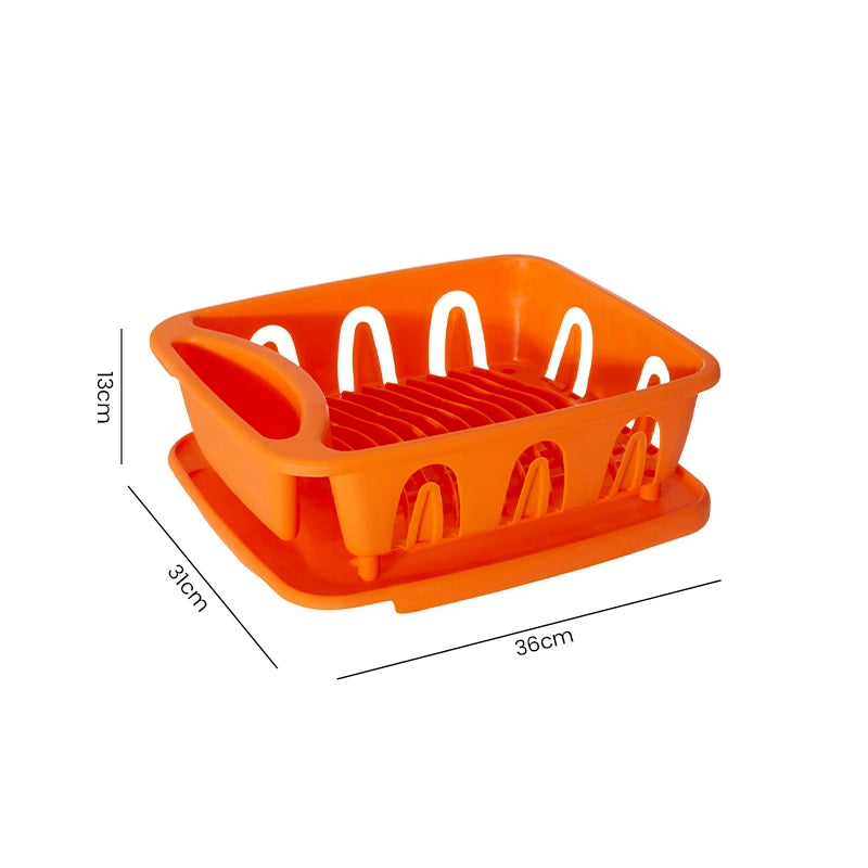 Orange plastic dish drainer with drip tray and plate slots, shown with height, width and depth measurements
