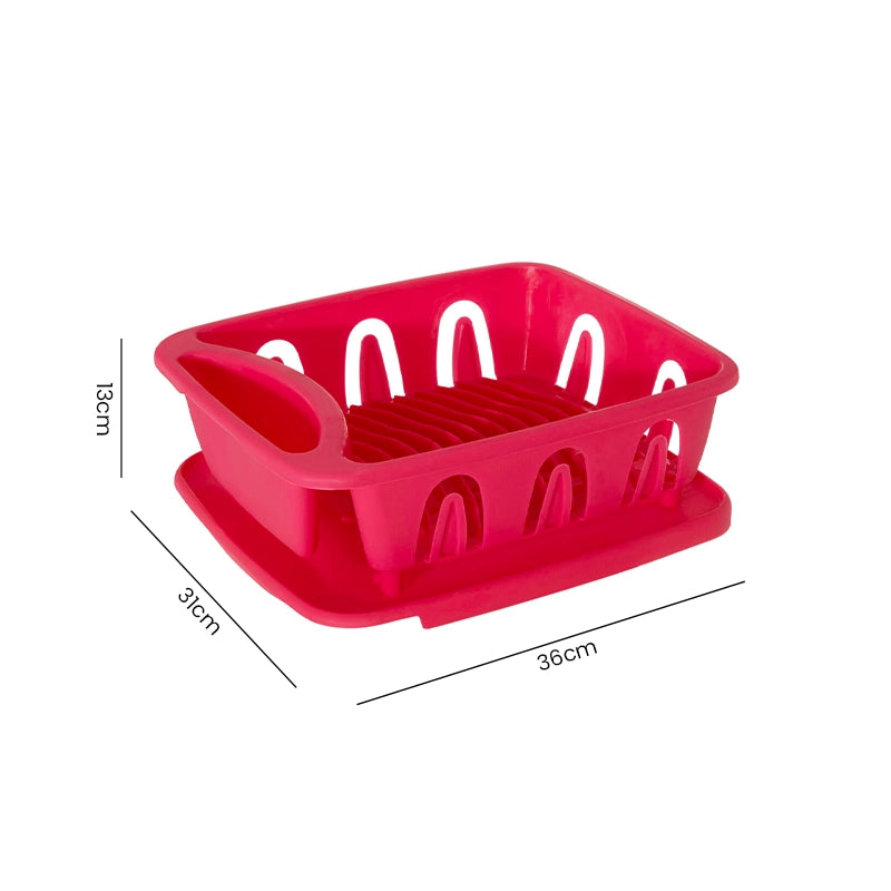 Pink plastic dish drainer rack with drip tray and plate slots, shown with height, width and depth measurements