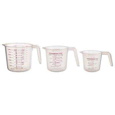 Plastic measuring jug set of 3 with clear volume markings on white background