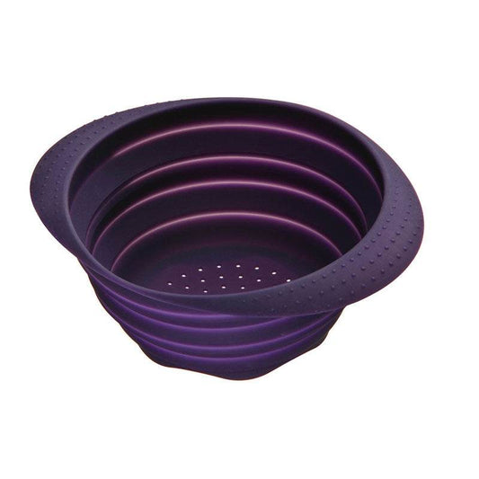 Purple collapsible silicone colander shown empty on a white background.