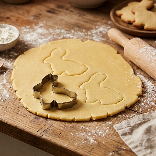 Metal rabbit shape cookie cutter cutting bunny shapes into rolled dough on a floured wooden board