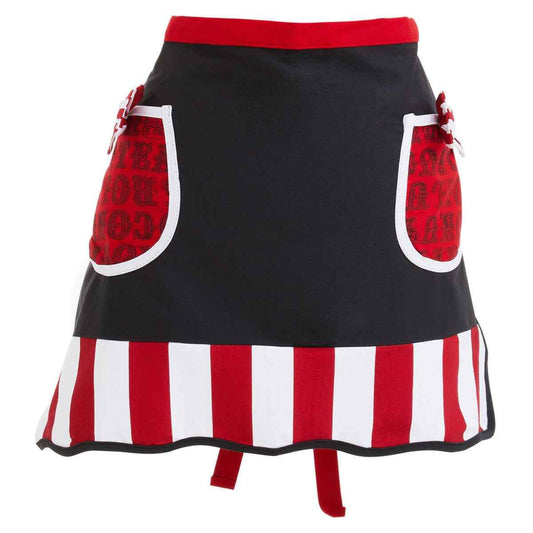 Black cotton half kitchen apron with two red print pockets with white trim and bow detail, red waistband and red and white vertical striped ruffle hem on a white background