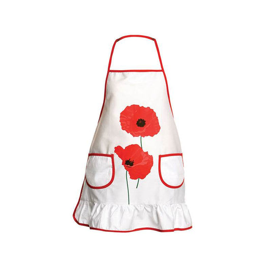 White kitchen apron with red poppy floral print, two front pockets with red trim, and a ruffled hem