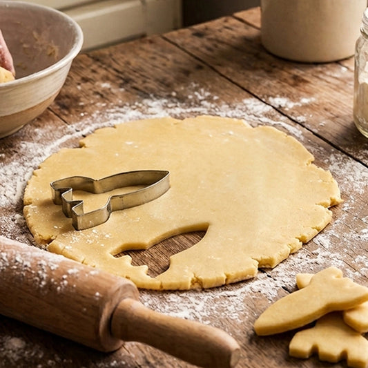 Rocket shaped cookie cutter on rolled cookie dough with a rocket cutout and rolling pin nearby