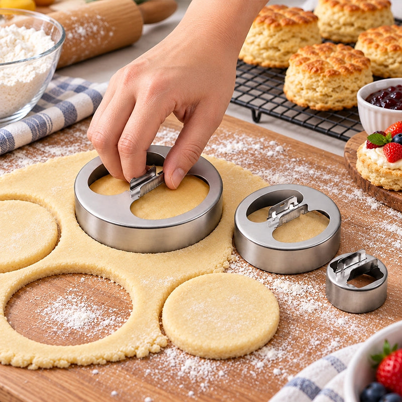 Set of 3 stainless steel round cookie cutters with handles cutting shortbread dough