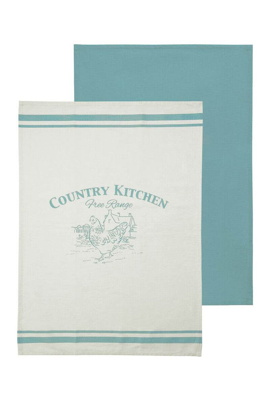 Set of 2 kitchen tea towels featuring a solid teal towel and a white cotton towel with teal Country Kitchen Free Range print