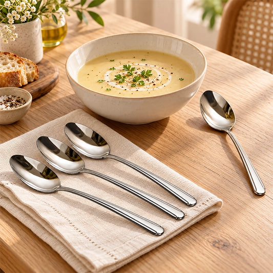 Stainless steel spoon set of 4 laid on a linen napkin beside a bowl of creamy soup on a wooden table