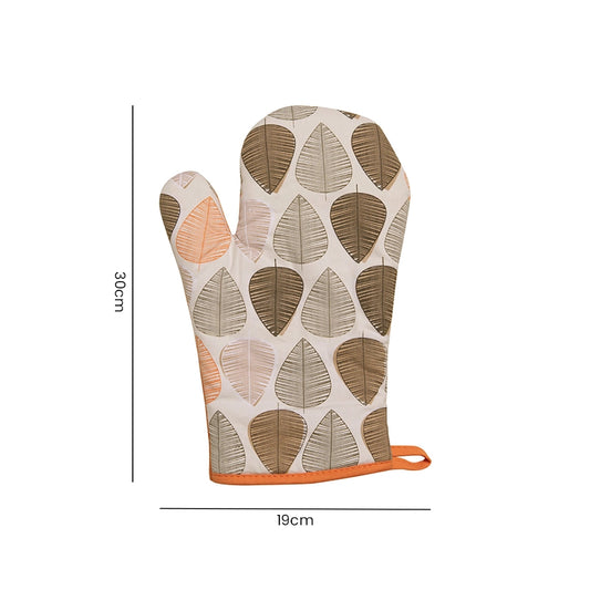 Single oven mitt with orange leaf print on beige background shown flat with size dimensions